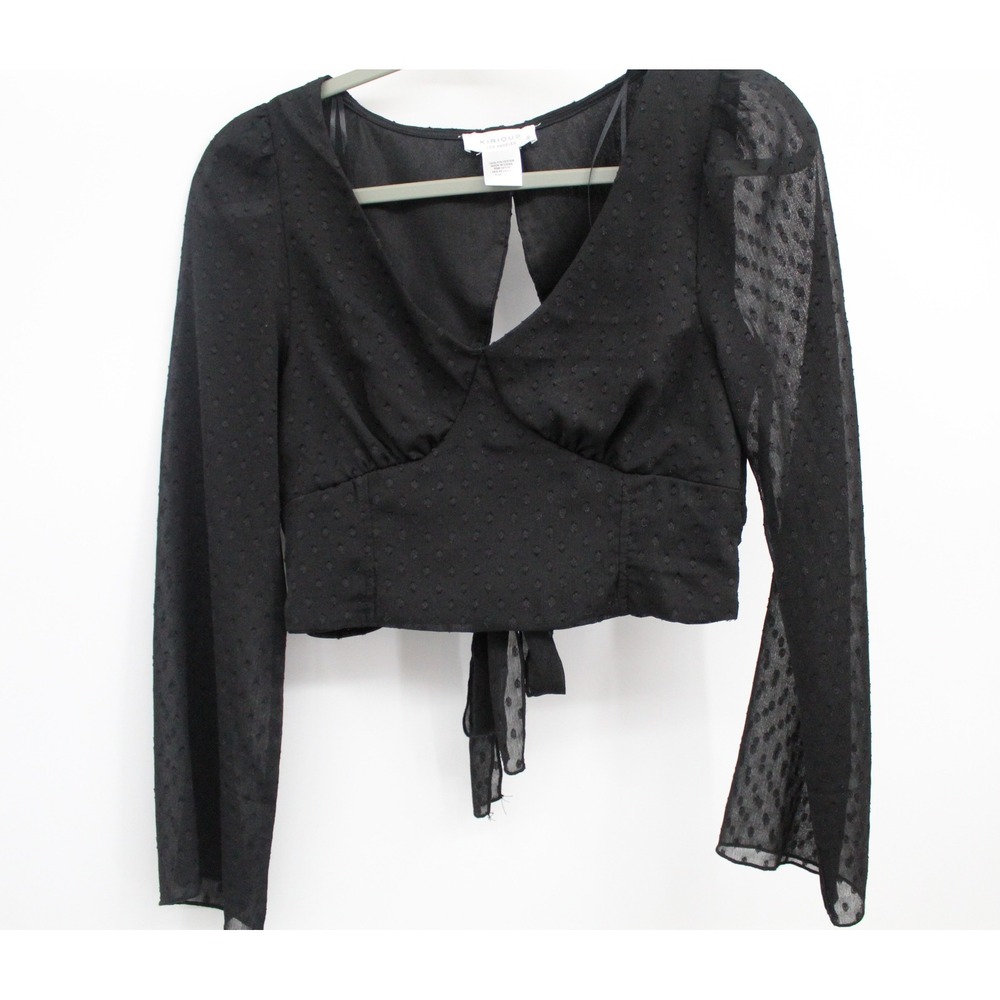 Kirious Los Angeles Black Clip Dot V-Neck Crop Top Sheer Bell Sleeve Small Boho